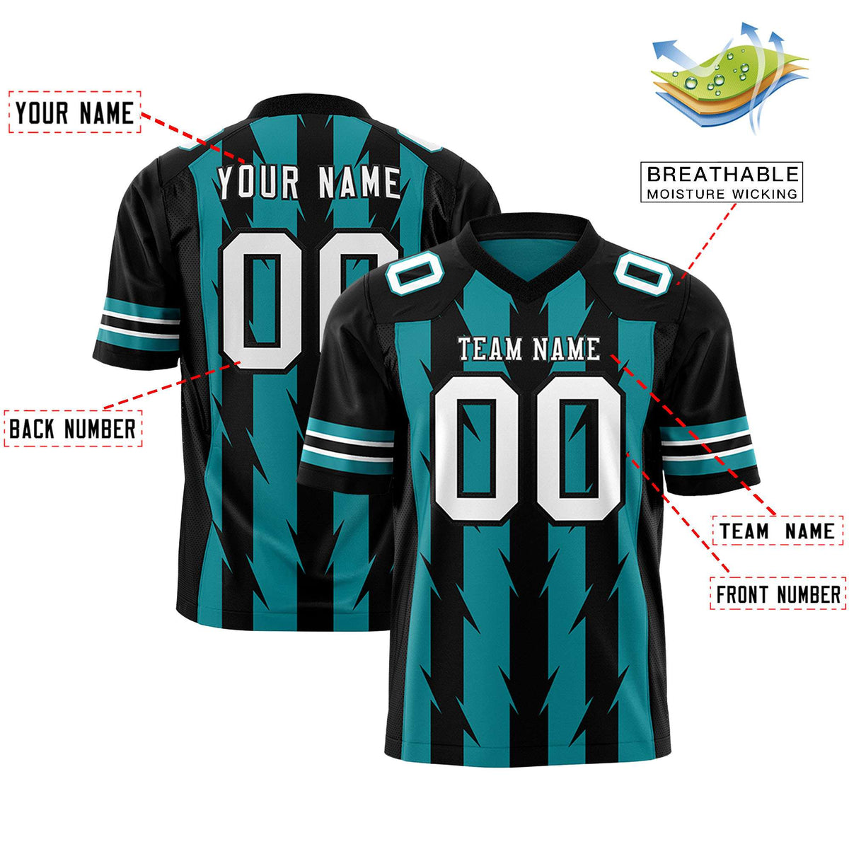 Custom Aqua Black Personalized Razr Stripe Graffiti Pattern Authentic American Football Jersey