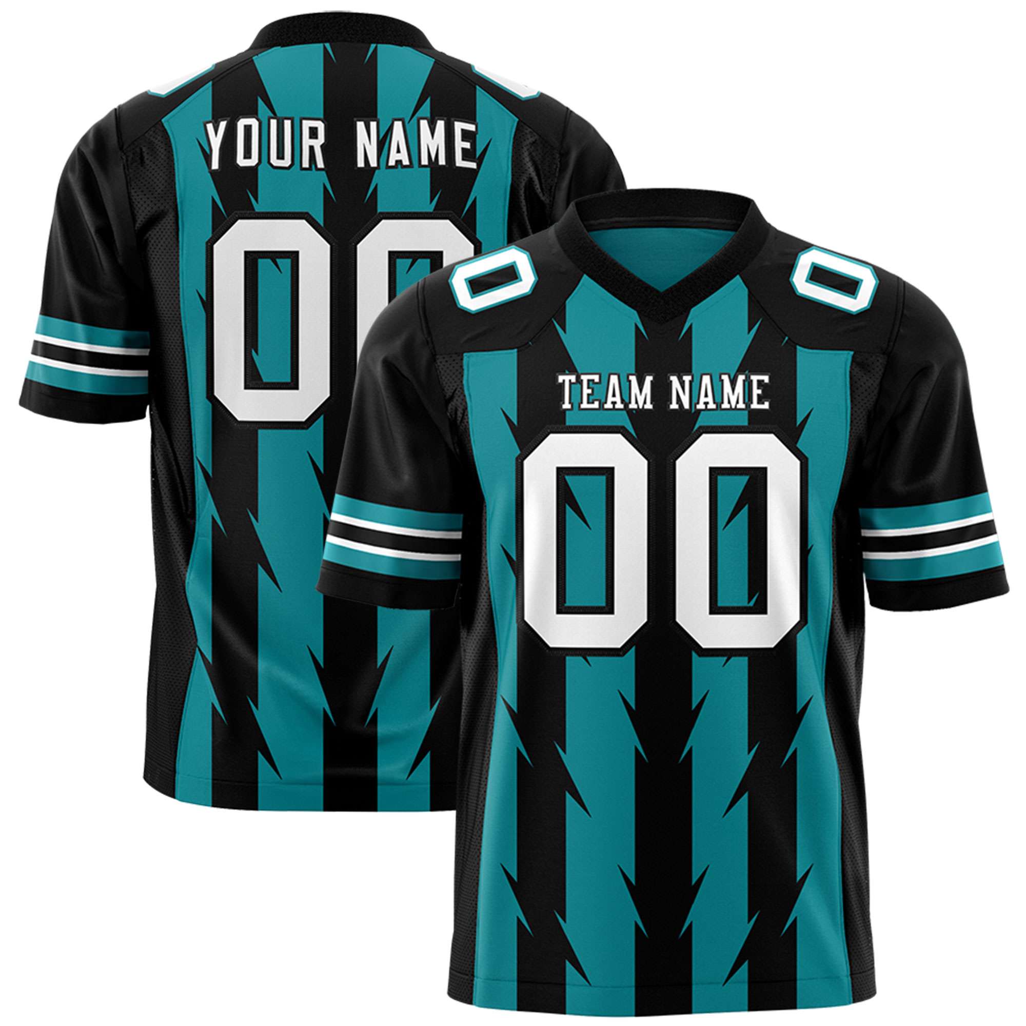 Custom Aqua Black Personalized Razr Stripe Graffiti Pattern Authentic American Football Jersey