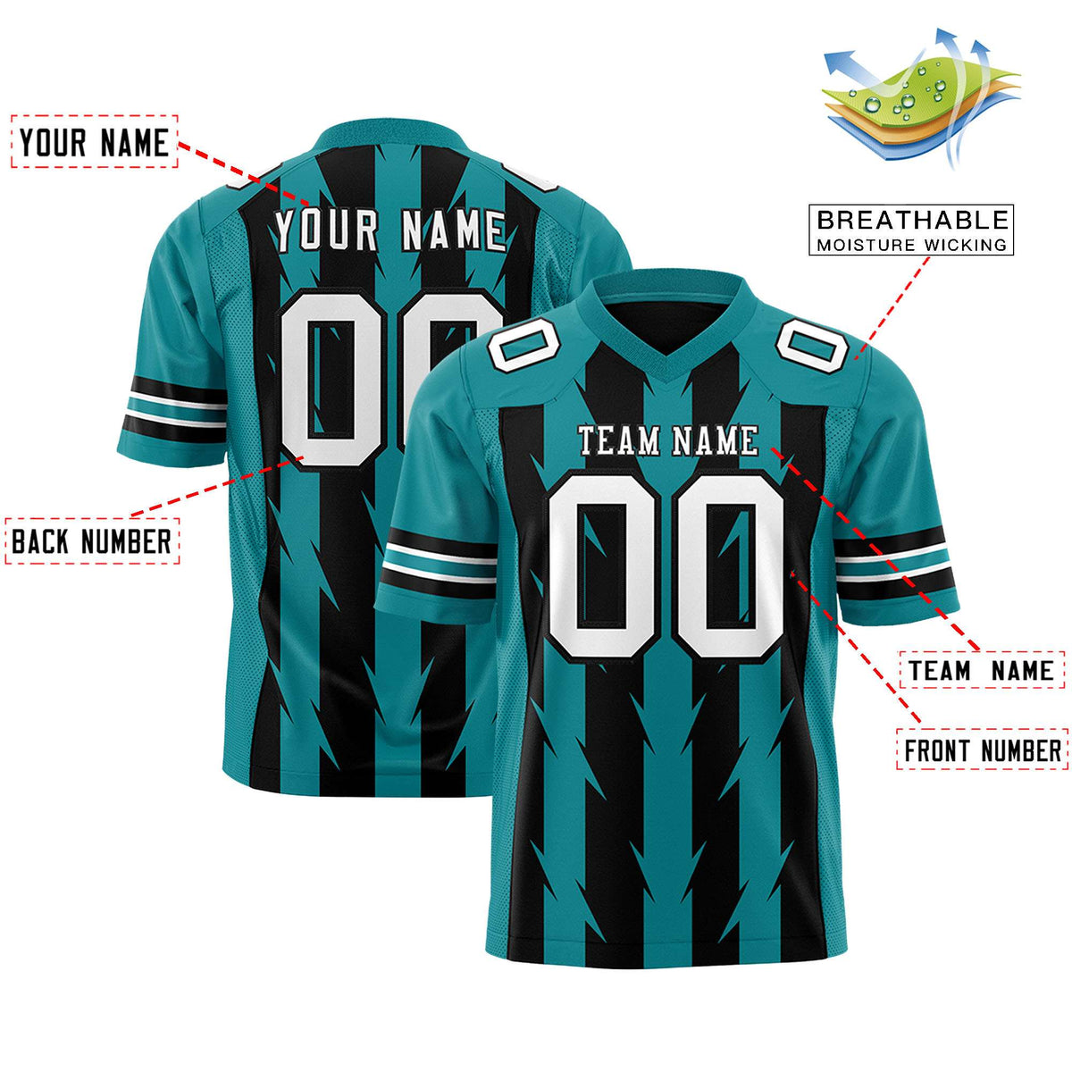 Custom Black Aqua Personalized Razr Stripe Graffiti Pattern Authentic American Football Jersey