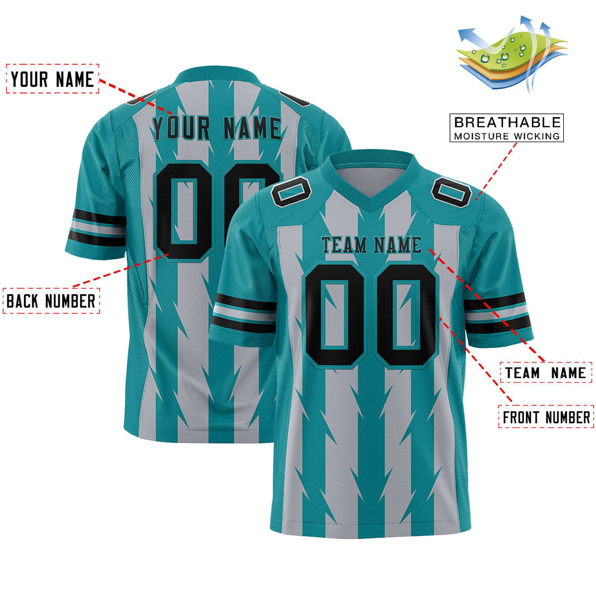 Custom Gray Aqua Personalized Razr Stripe Graffiti Pattern Authentic American Football Jersey