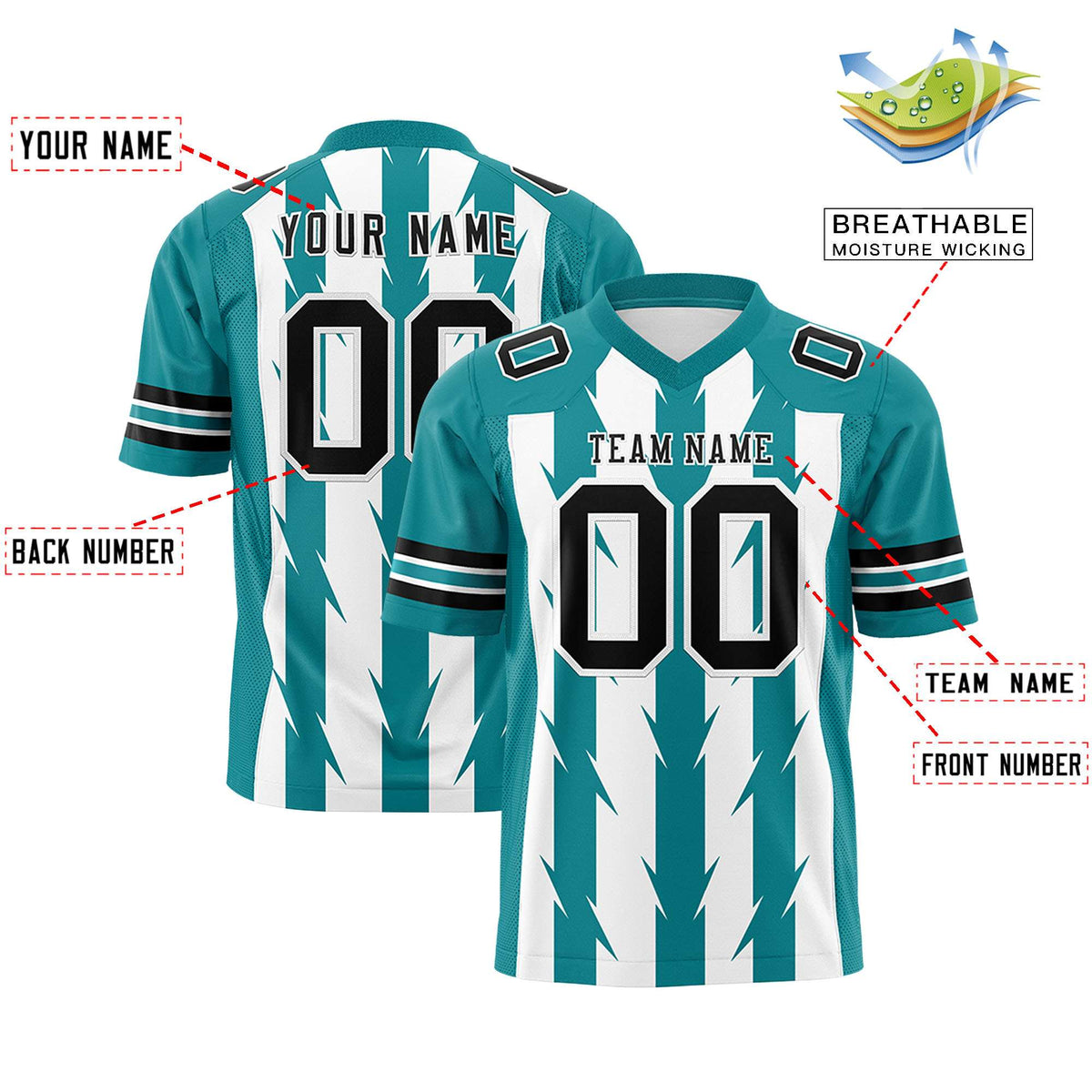 Custom White Aqua Personalized Razr Stripe Graffiti Pattern Authentic American Football Jersey