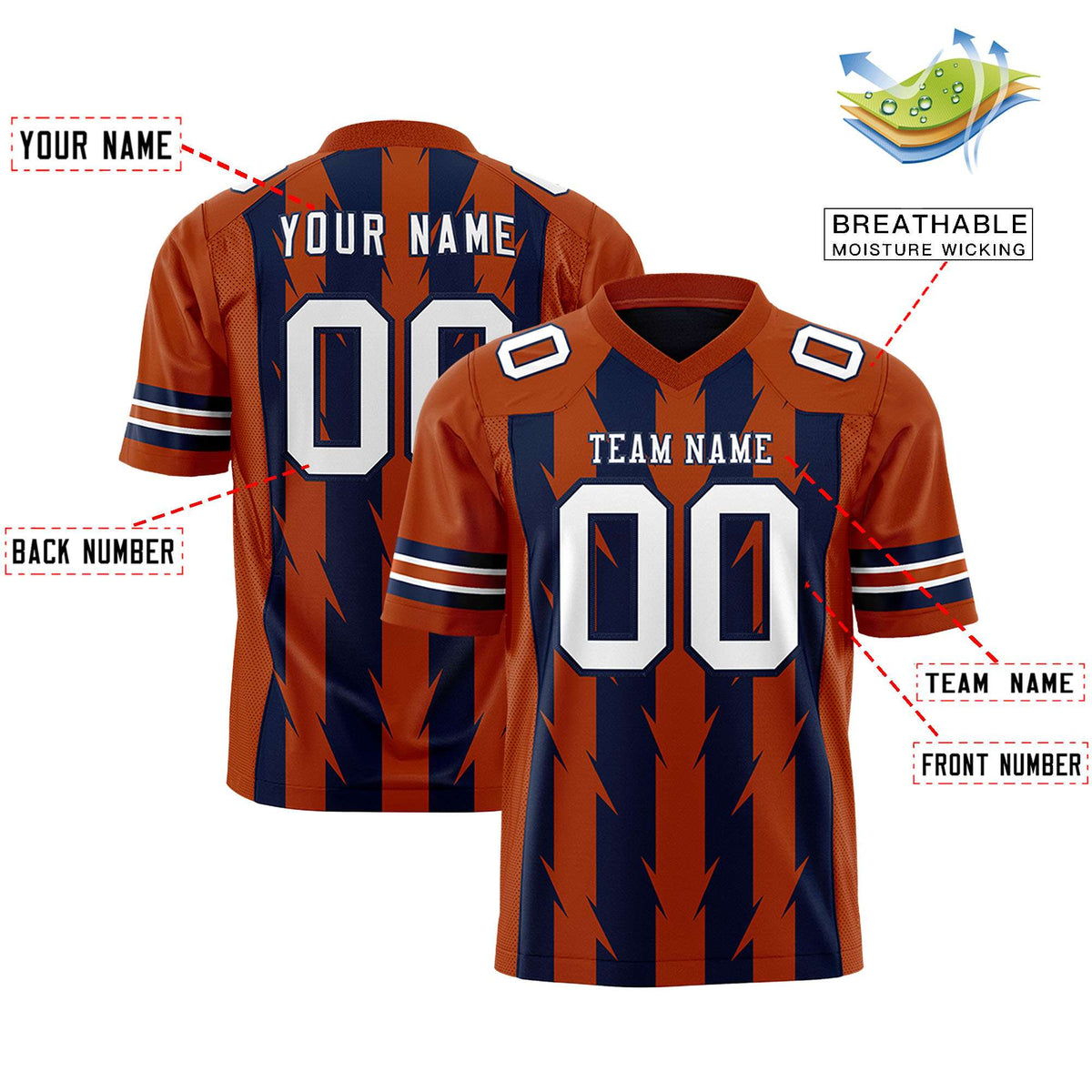 Custom Navy Texas Orange Personalized Razr Stripe Graffiti Pattern Authentic American Football Jersey