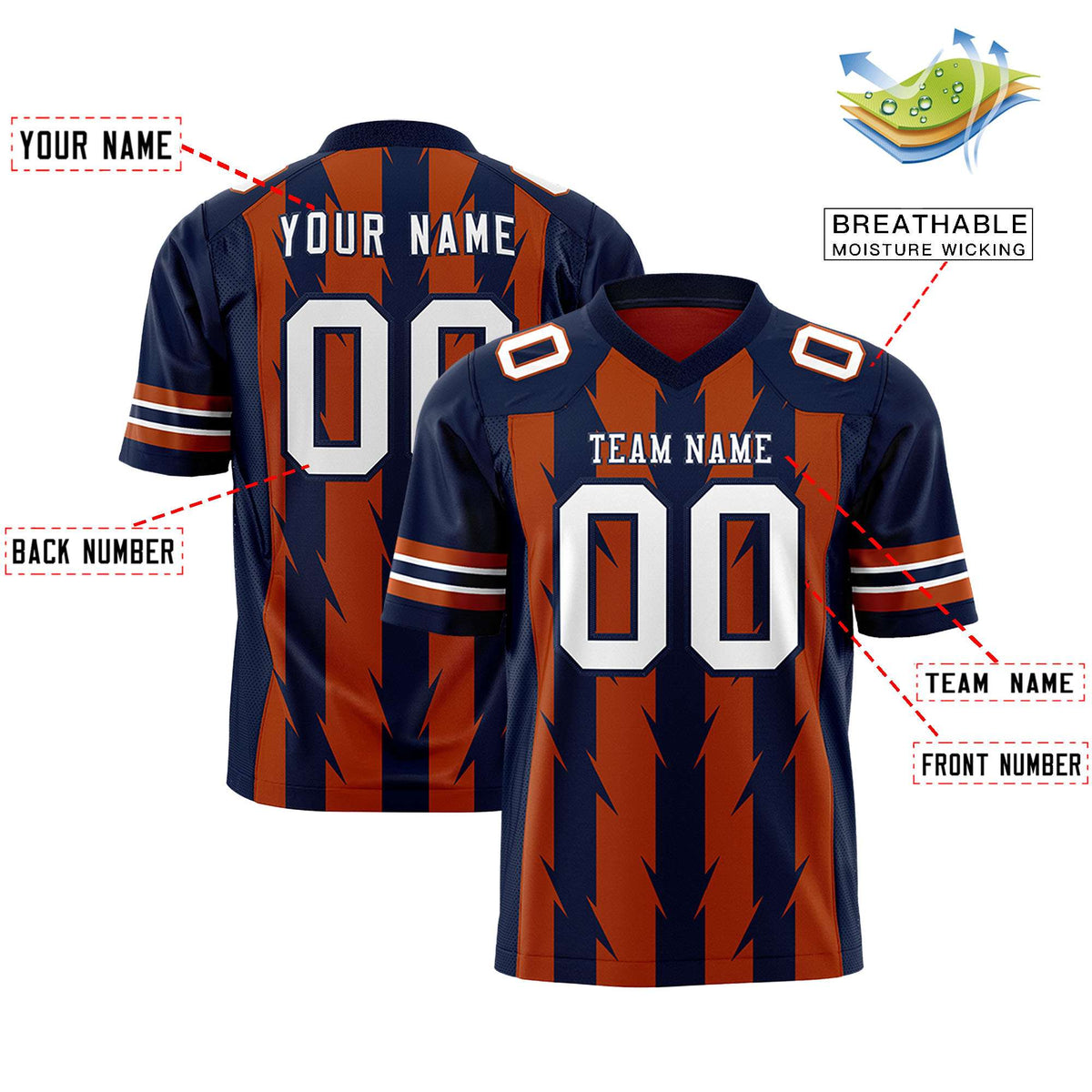 Custom Texas Orange Navy Personalized Razr Stripe Graffiti Pattern Authentic American Football Jersey