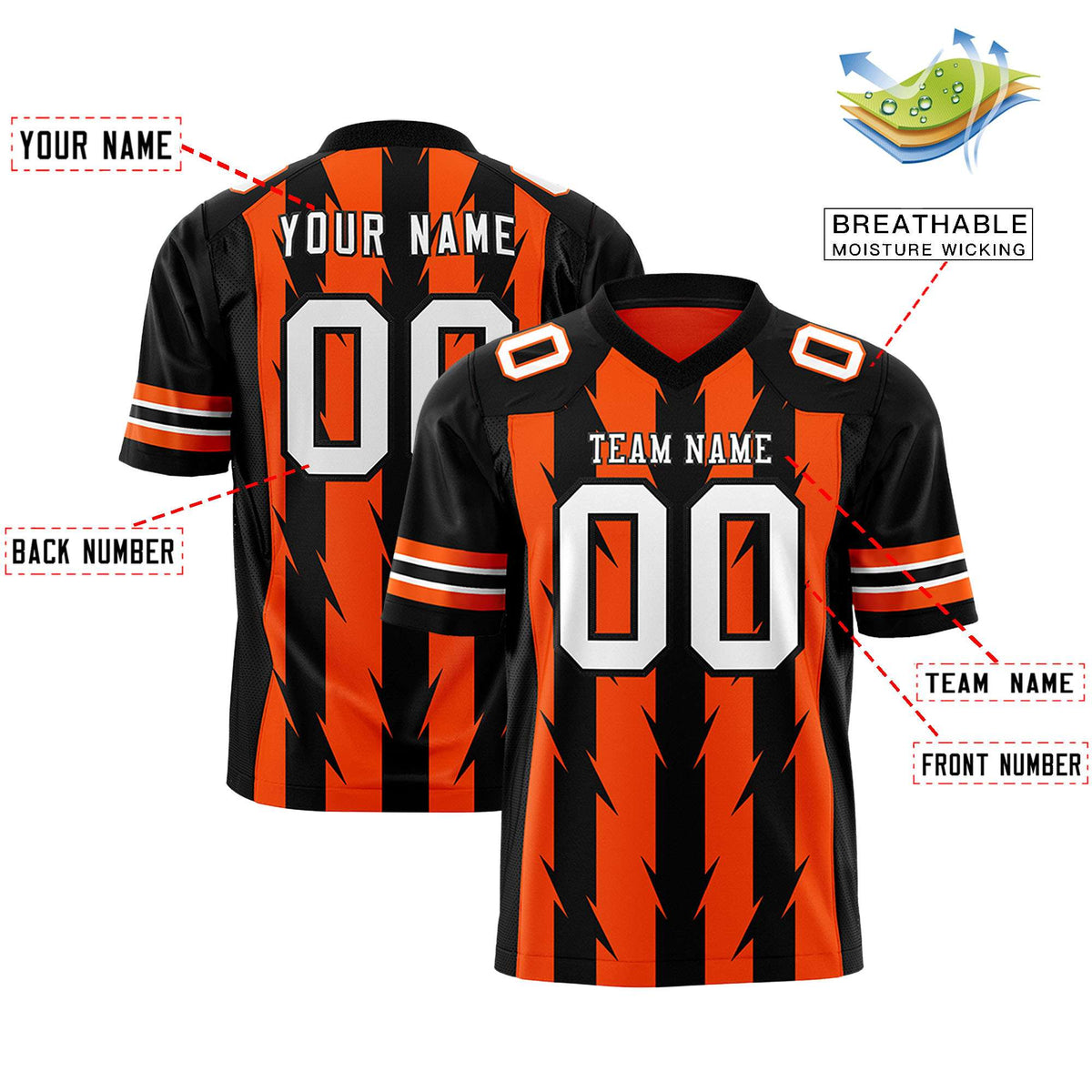 Custom Orange Black Personalized Razr Stripe Graffiti Pattern Authentic American Football Jersey