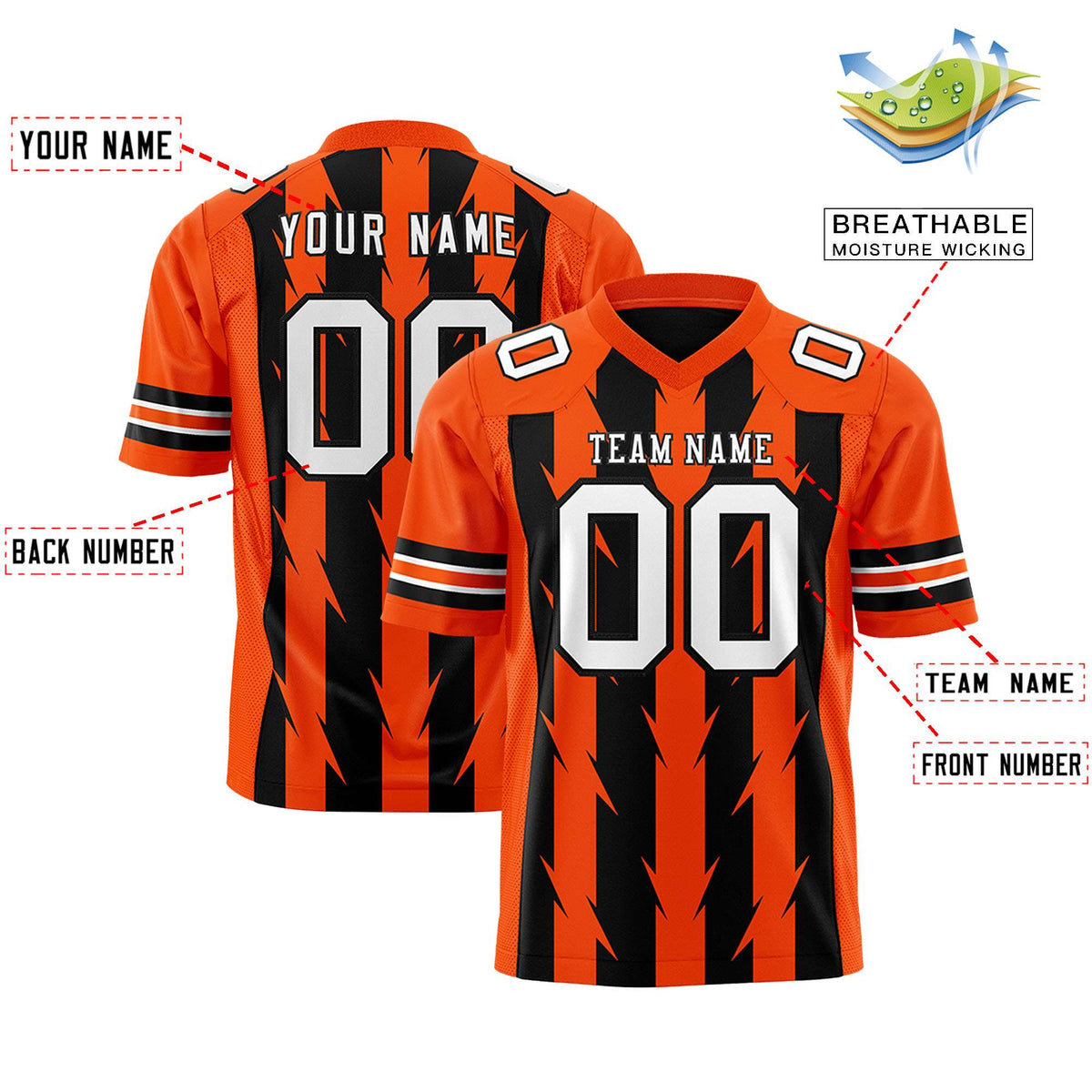 Custom Black Orange Personalized Razr Stripe Graffiti Pattern Authentic American Football Jersey