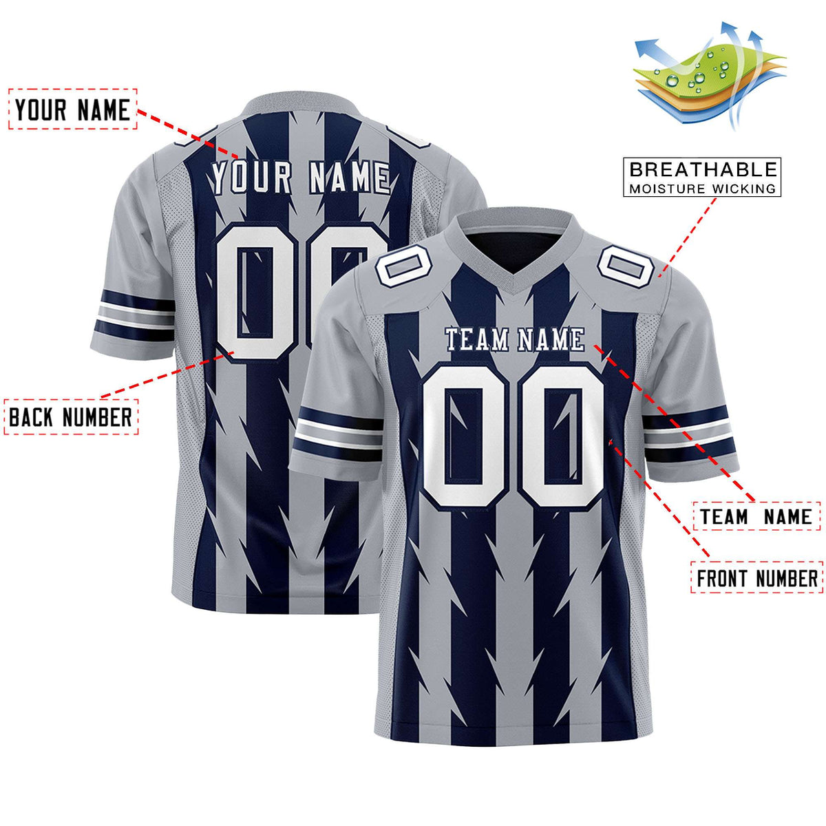 Custom Navy Gray Personalized Razr Stripe Graffiti Pattern Authentic American Football Jersey