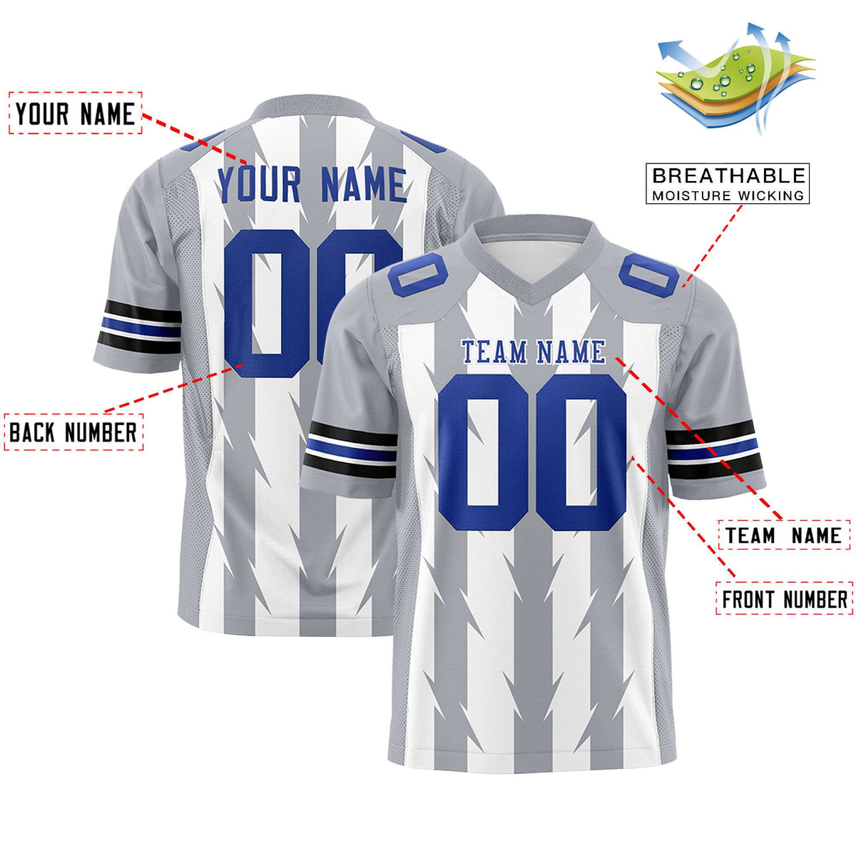 Custom White Gray Personalized Razr Stripe Graffiti Pattern Authentic American Football Jersey