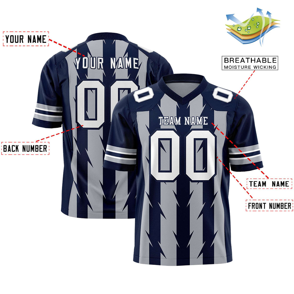 Custom Gray Navy Personalized Razr Stripe Graffiti Pattern Authentic American Football Jersey