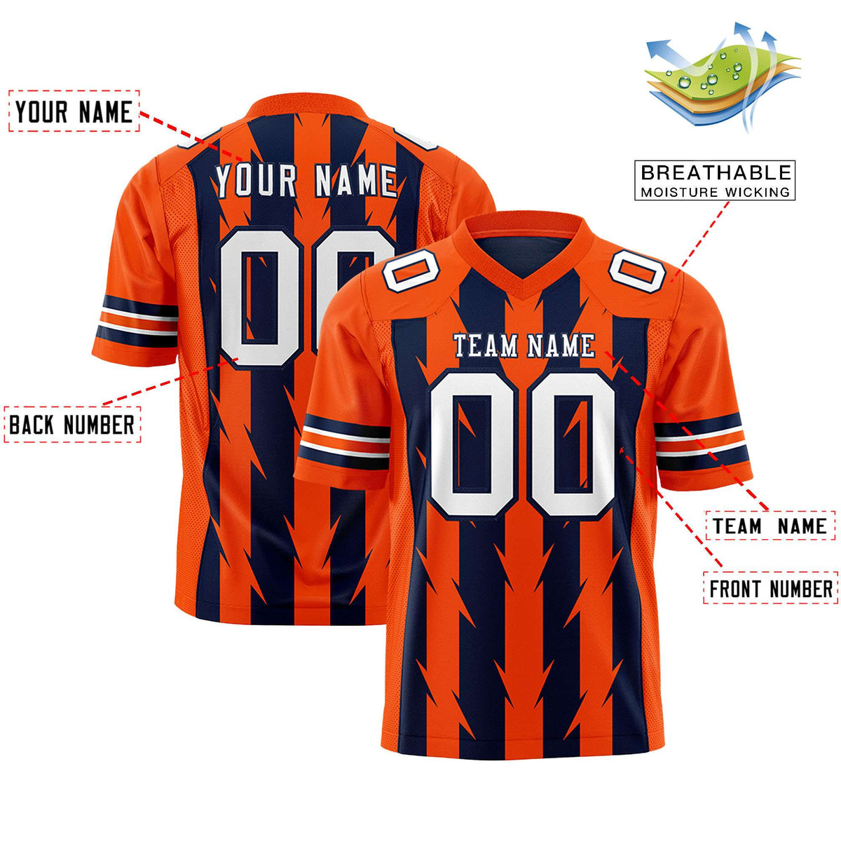 Custom Navy Orange Personalized Razr Stripe Graffiti Pattern Authentic American Football Jersey
