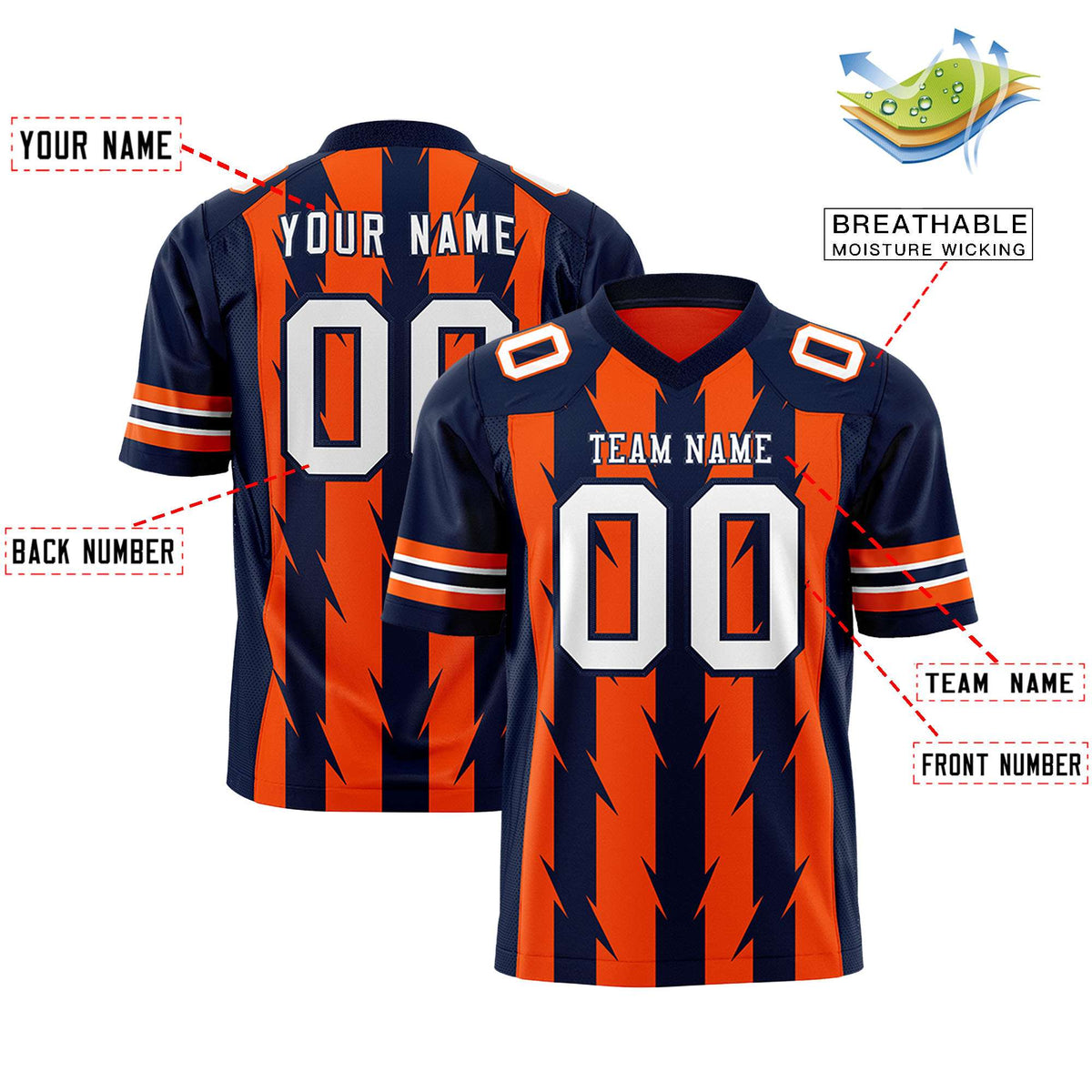 Custom Orange Navy Personalized Razr Stripe Graffiti Pattern Authentic American Football Jersey