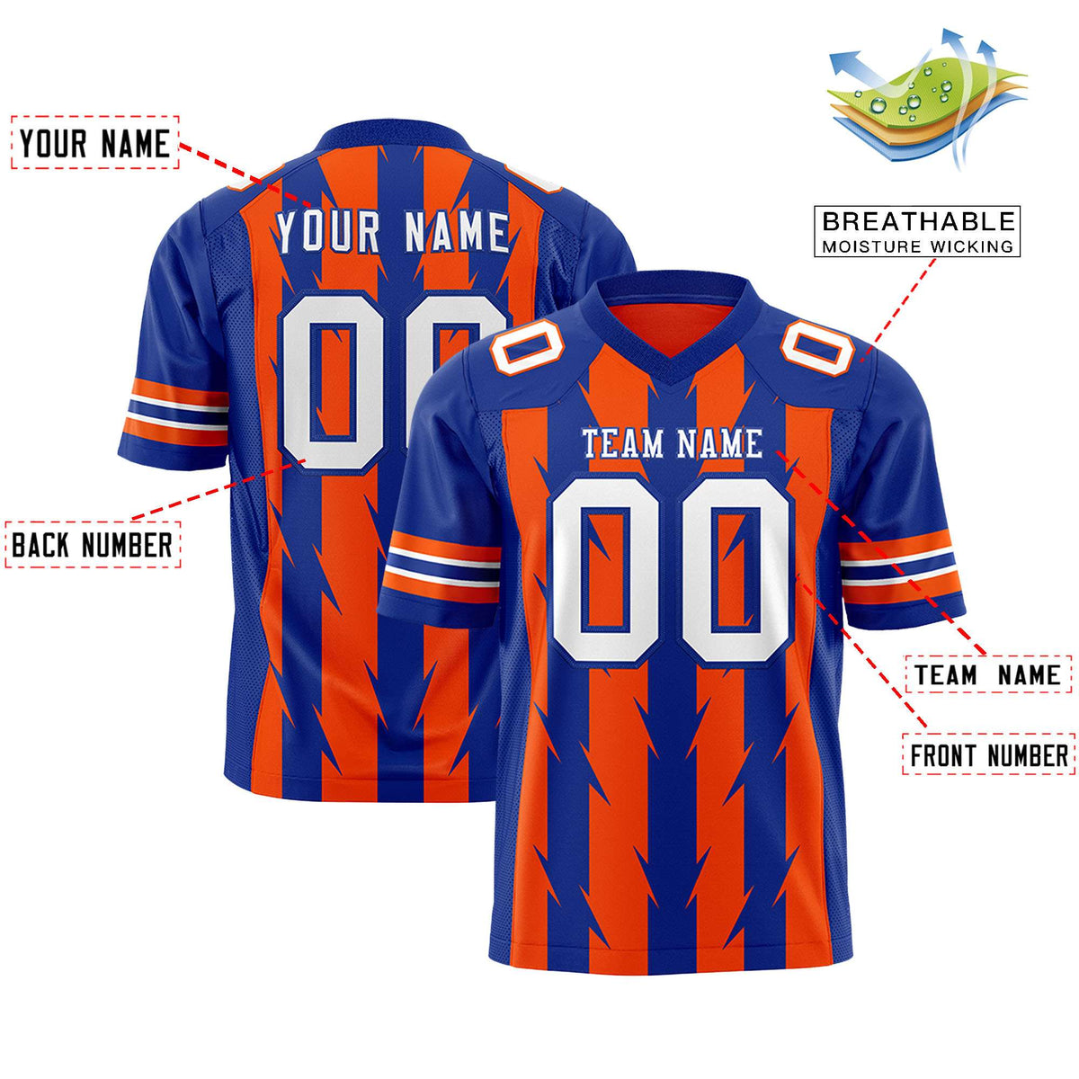Custom Orange Royal Personalized Razr Stripe Graffiti Pattern Authentic American Football Jersey