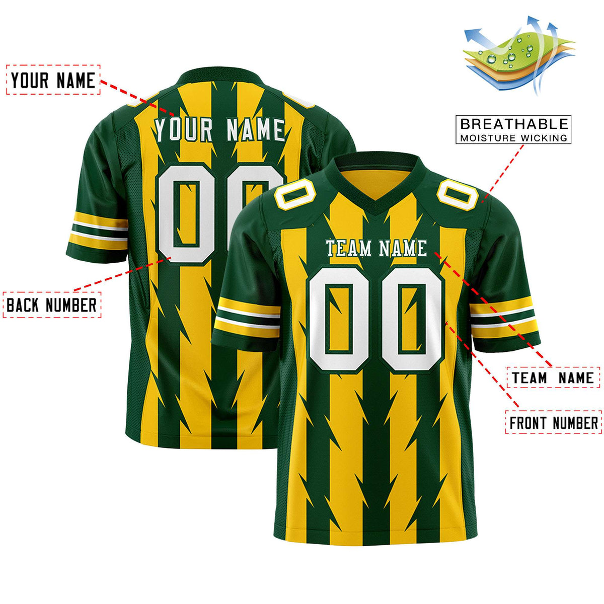 Custom Gold Green Personalized Razr Stripe Graffiti Pattern Authentic American Football Jersey