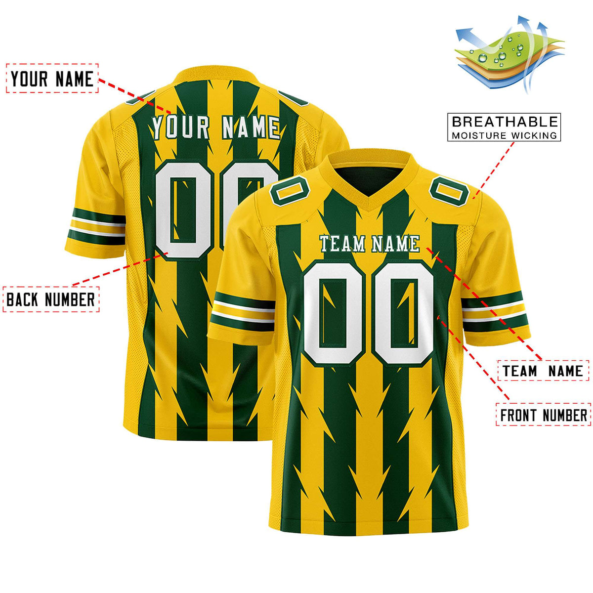 Custom Green Gold Personalized Razr Stripe Graffiti Pattern Authentic American Football Jersey