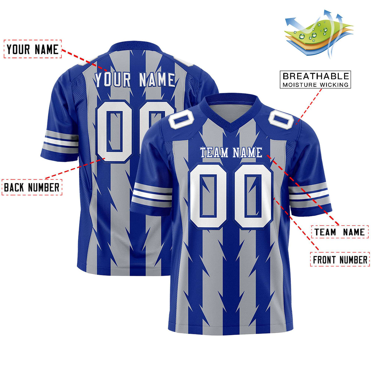 Custom Gray Royal Personalized Razr Stripe Graffiti Pattern Authentic American Football Jersey