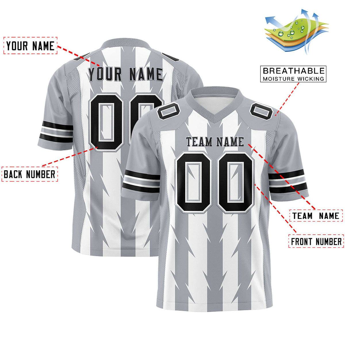 Custom White Gray Personalized Razr Stripe Graffiti Pattern Authentic American Football Jersey