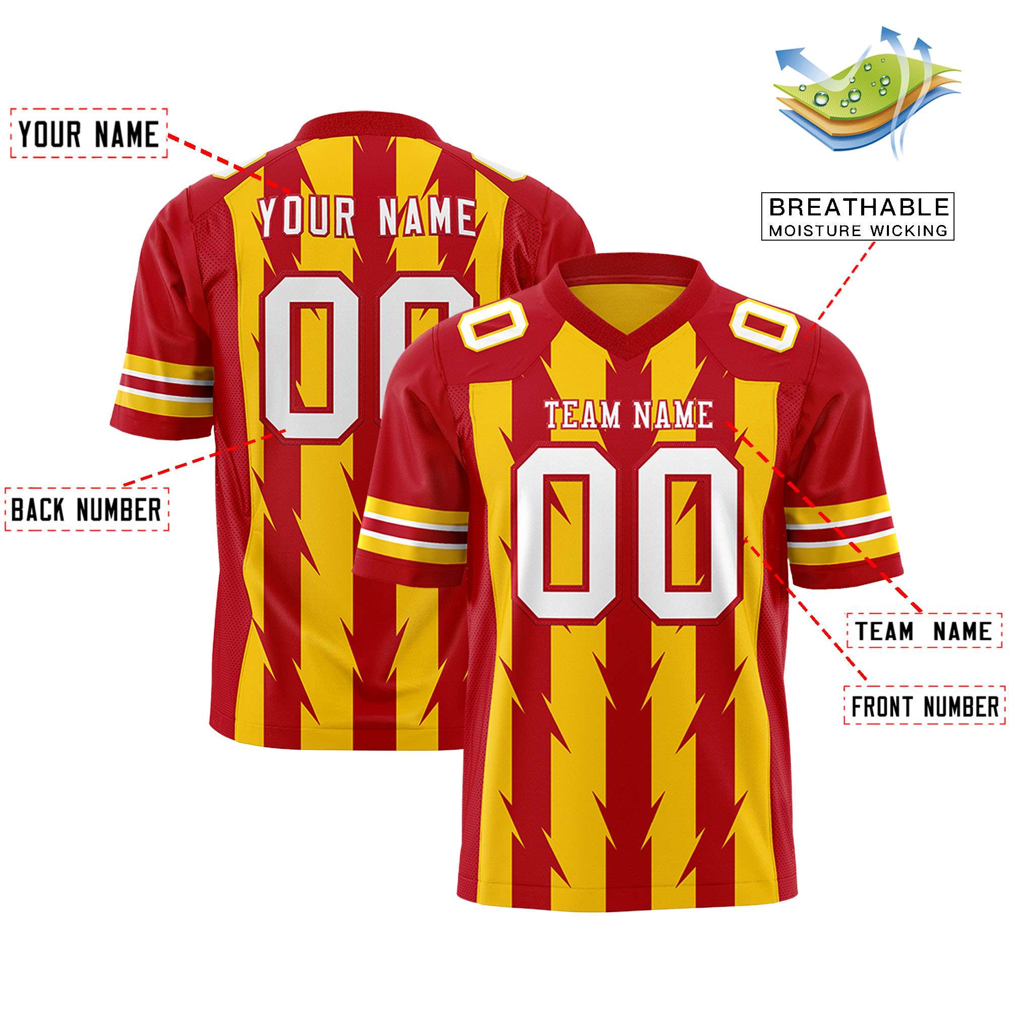 Custom Gold Red Personalized Razr Stripe Graffiti Pattern Authentic American Football Jersey