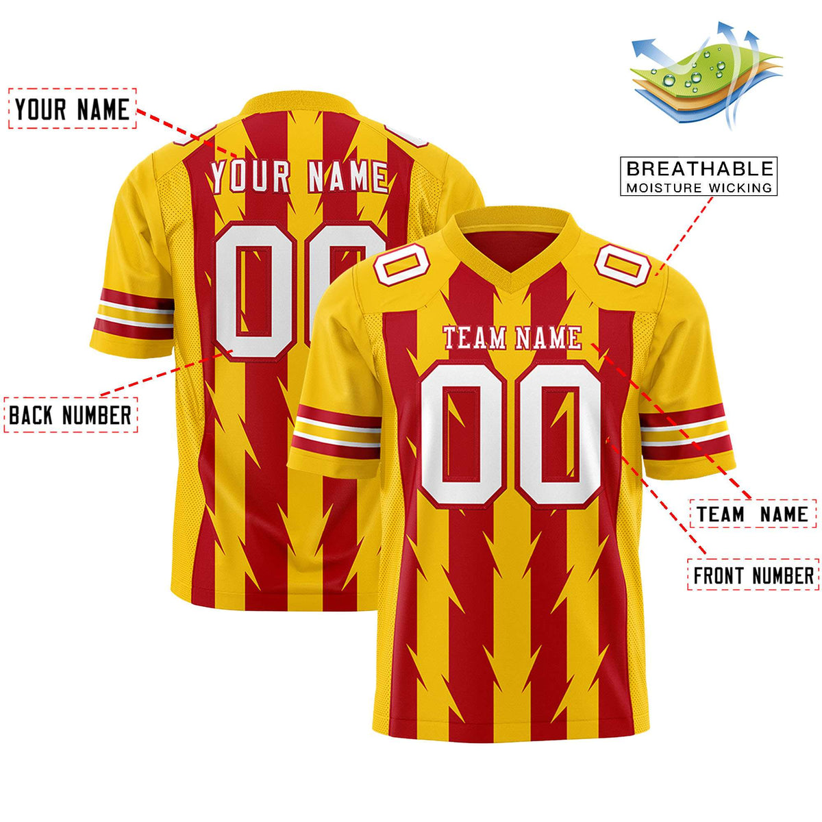 Custom Red Gold Personalized Razr Stripe Graffiti Pattern Authentic American Football Jersey