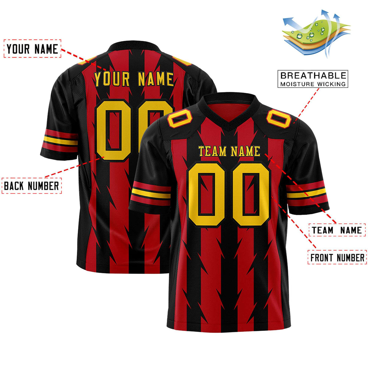 Custom Red Black Personalized Razr Stripe Graffiti Pattern Authentic American Football Jersey