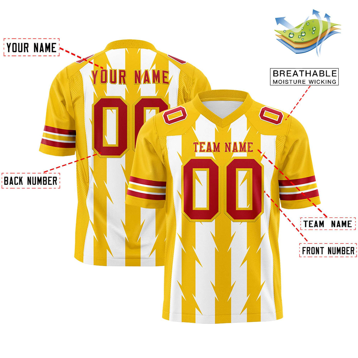 Custom White Gold Personalized Razr Stripe Graffiti Pattern Authentic American Football Jersey