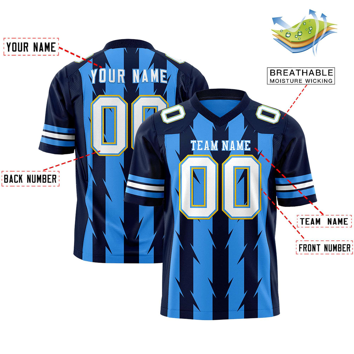 Custom Powder Blue Navy Personalized Razr Stripe Graffiti Pattern Authentic American Football Jersey