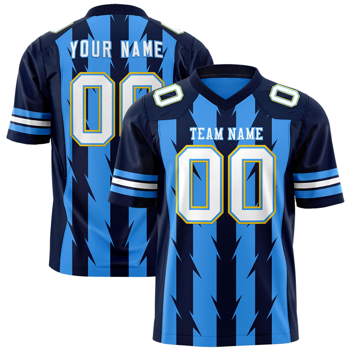 Custom Powder Blue Navy Personalized Razr Stripe Graffiti Pattern Authentic American Football Jersey