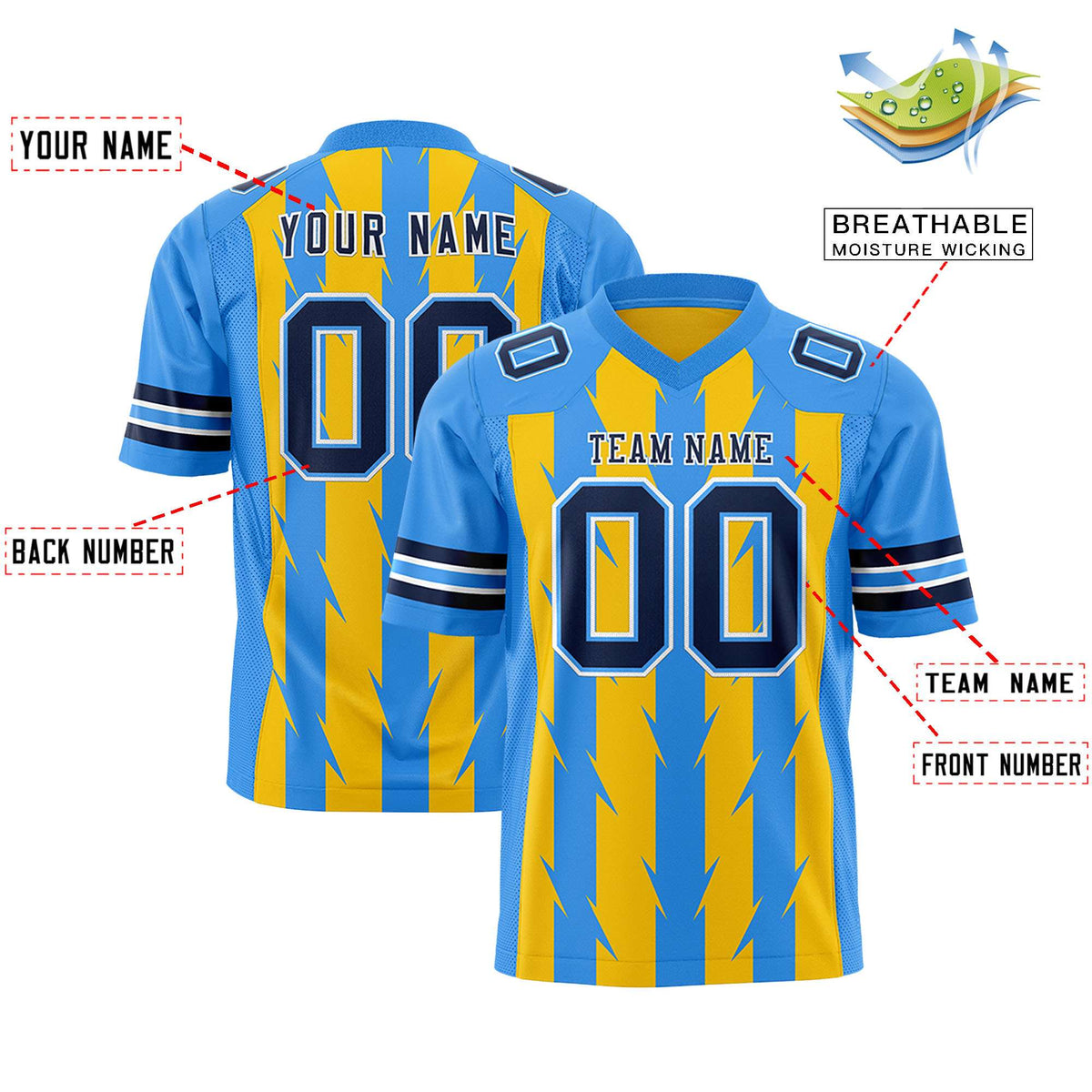 Custom Gold Powder Blue Personalized Razr Stripe Graffiti Pattern Authentic American Football Jersey