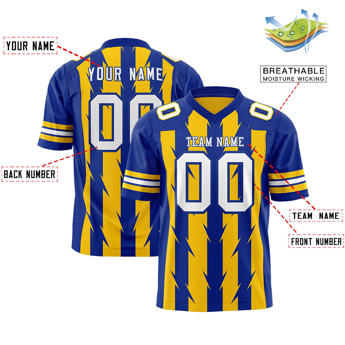 Custom Gold Royal Personalized Razr Stripe Graffiti Pattern Authentic American Football Jersey