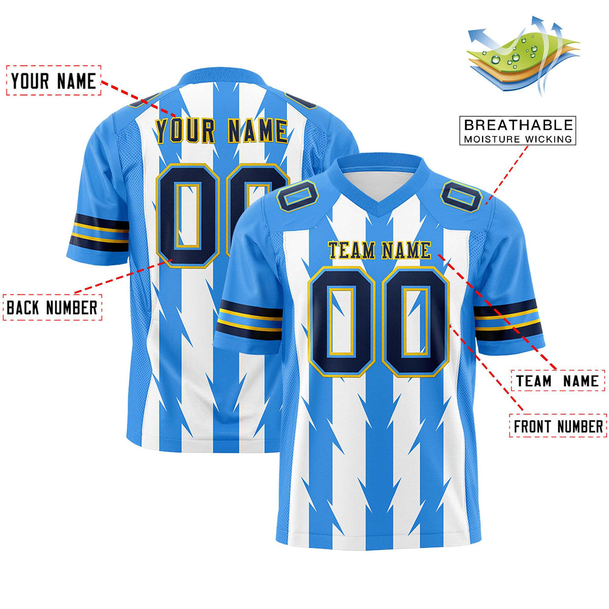 Custom White Powder Blue Personalized Razr Stripe Graffiti Pattern Authentic American Football Jersey