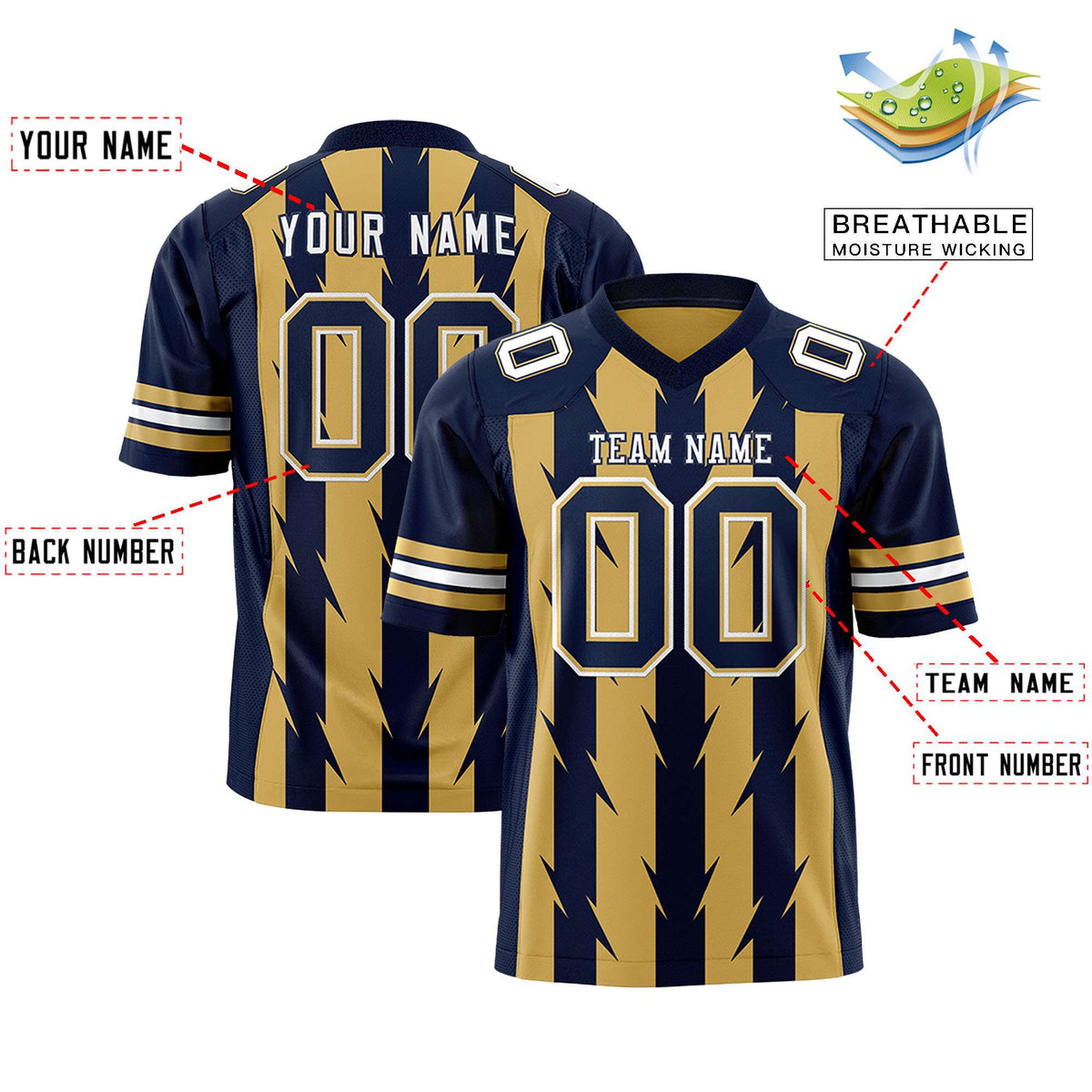 Custom Old Gold Navy Personalized Razr Stripe Graffiti Pattern Authentic American Football Jersey