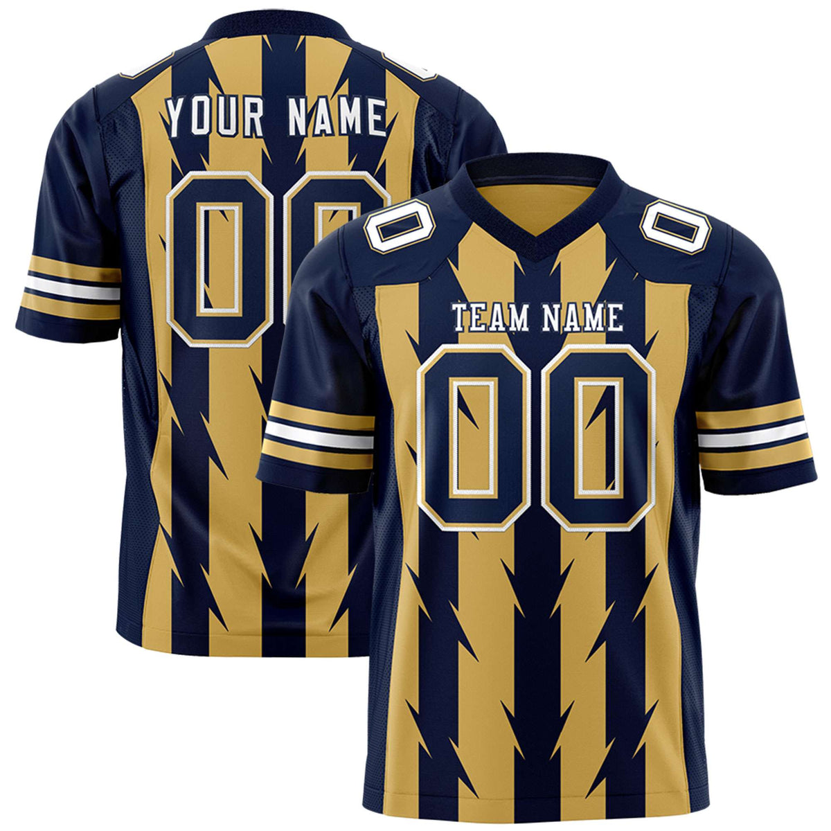 Custom Old Gold Navy Personalized Razr Stripe Graffiti Pattern Authentic American Football Jersey