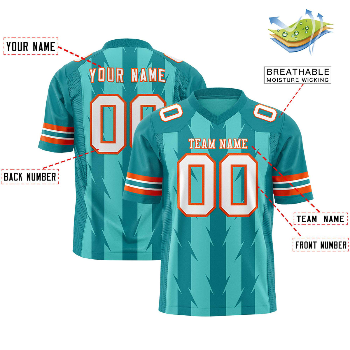 Custom Bright Green Aqua Personalized Razr Stripe Graffiti Pattern Authentic American Football Jersey