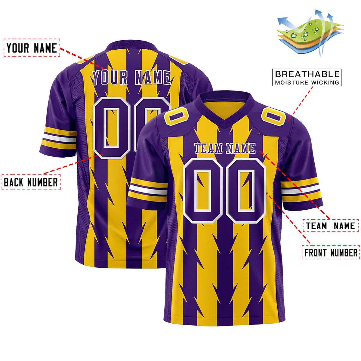 Custom Gold Purple Personalized Razr Stripe Graffiti Pattern Authentic American Football Jersey