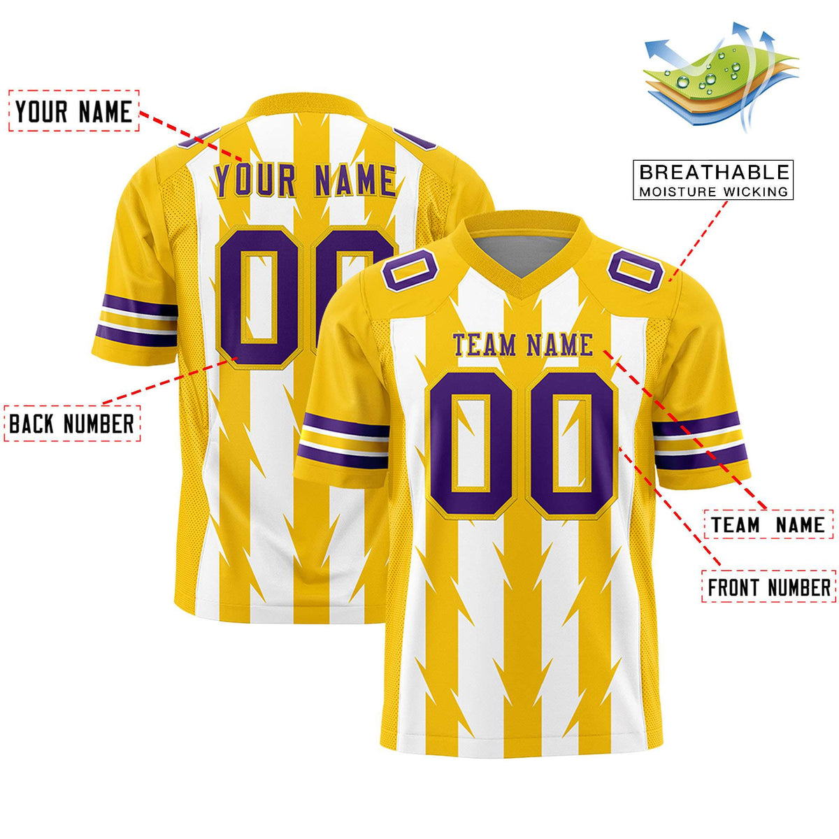 Custom White Gold Personalized Razr Stripe Graffiti Pattern Authentic American Football Jersey