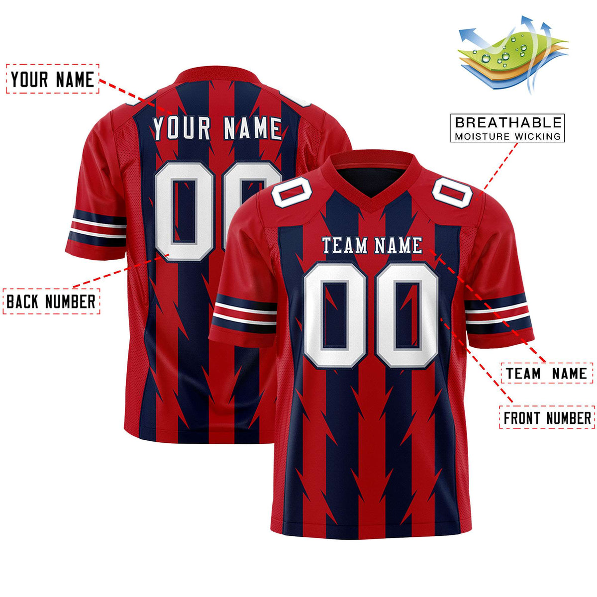 Custom Navy Red Personalized Razr Stripe Graffiti Pattern Authentic American Football Jersey