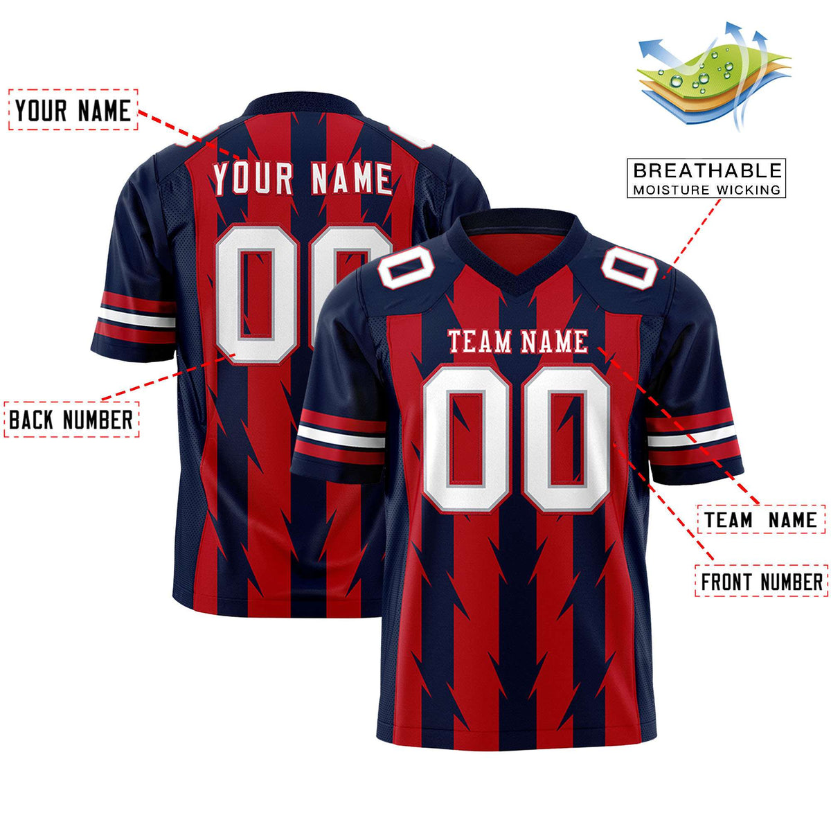 Custom Red Navy Personalized Razr Stripe Graffiti Pattern Authentic American Football Jersey