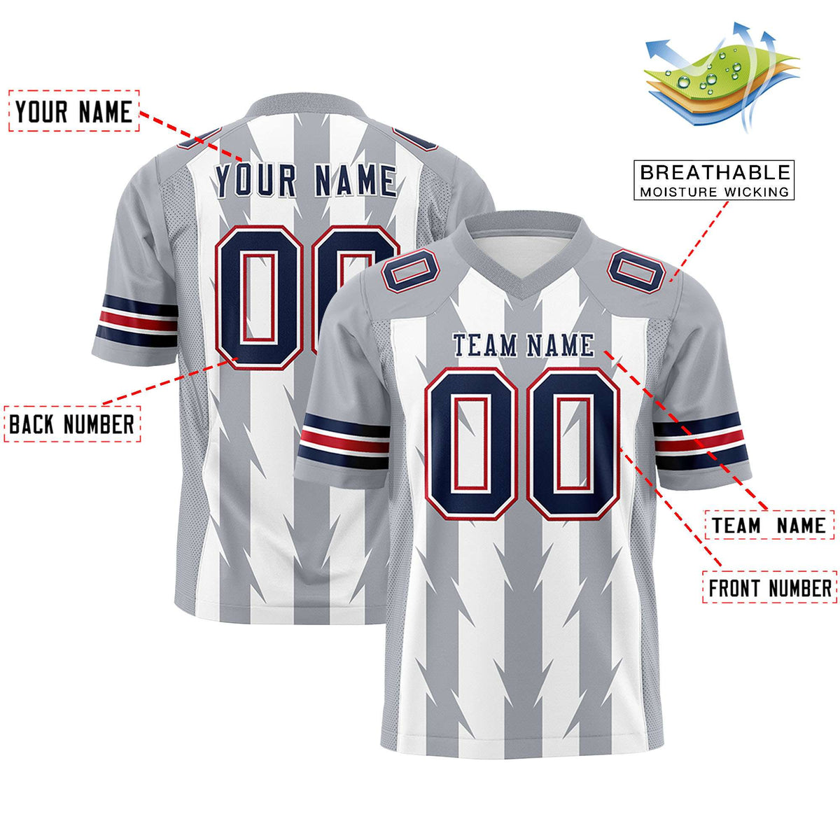 Custom White Gray Personalized Razr Stripe Graffiti Pattern Authentic American Football Jersey