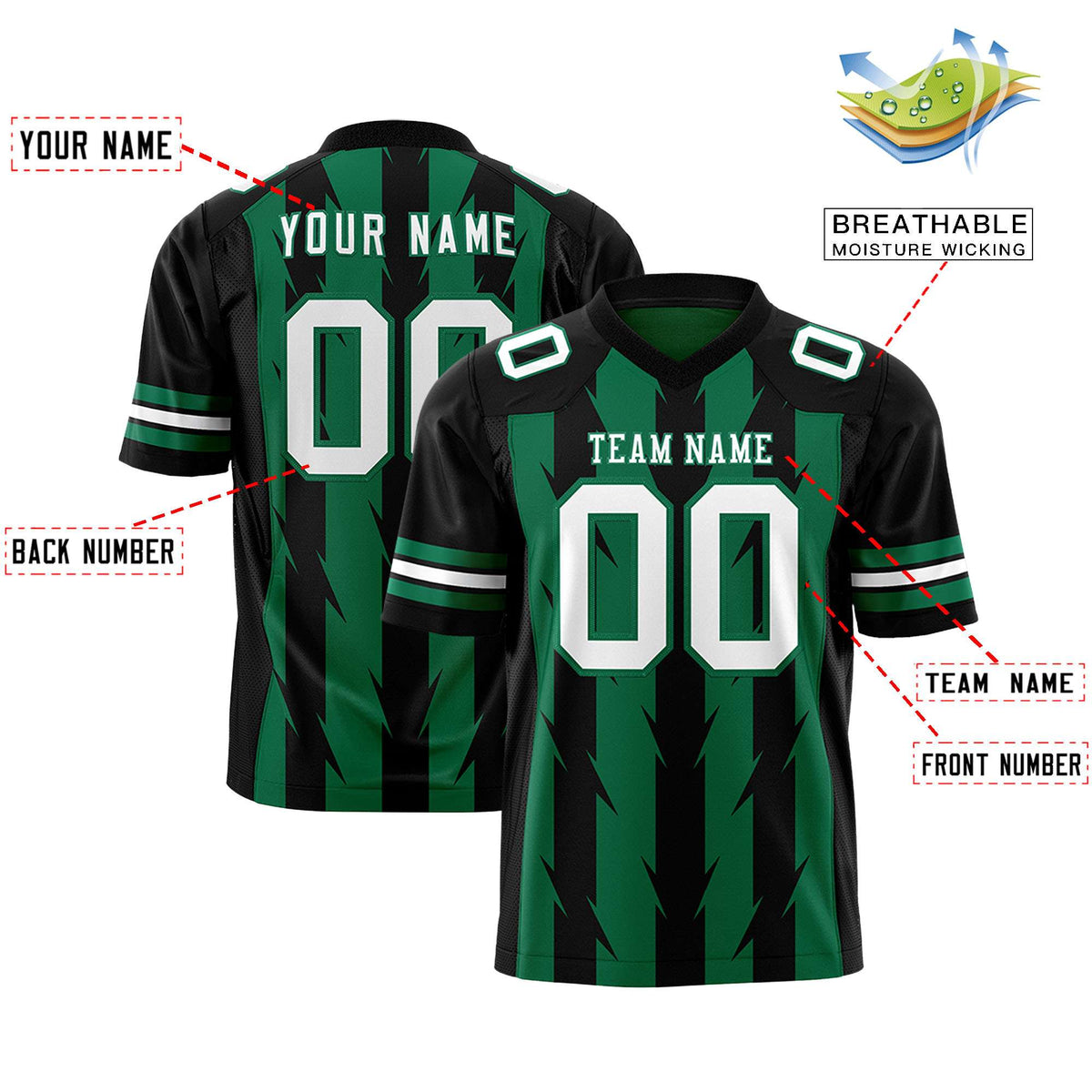 Custom Kelly Green Black Personalized Razr Stripe Graffiti Pattern Authentic American Football Jersey