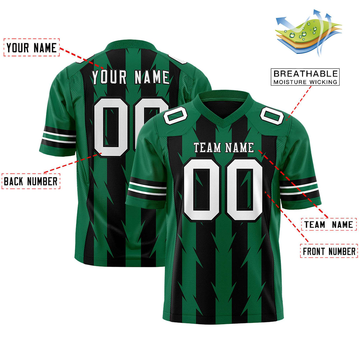 Custom Black Kelly Green Personalized Razr Stripe Graffiti Pattern Authentic American Football Jersey
