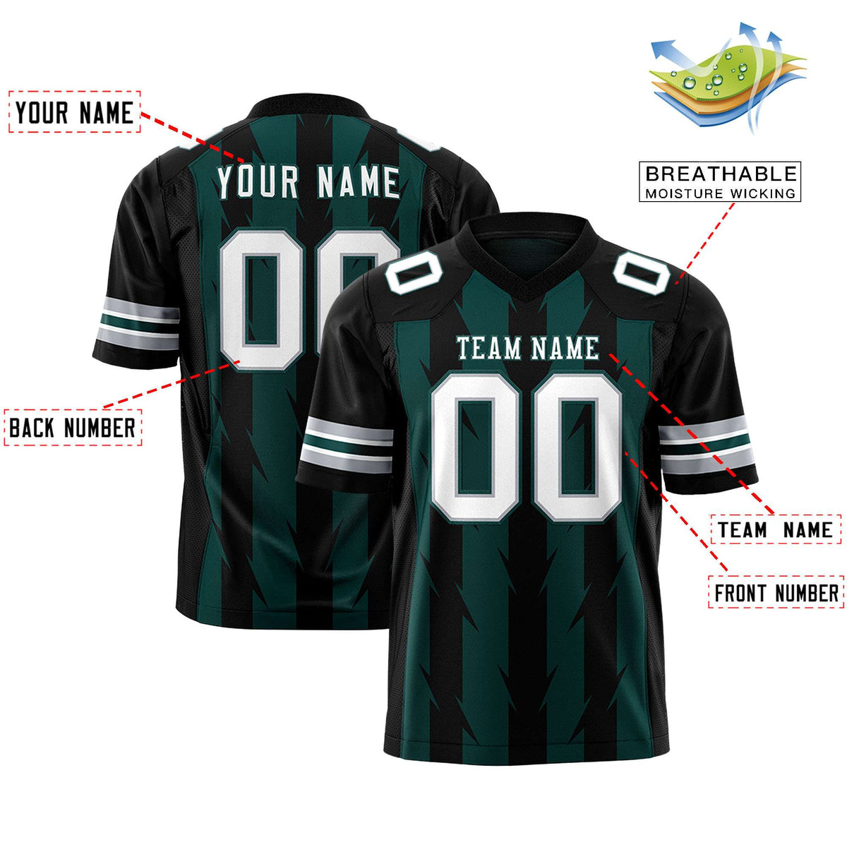 Custom Midnight Green Black Personalized Razr Stripe Graffiti Pattern Authentic American Football Jersey