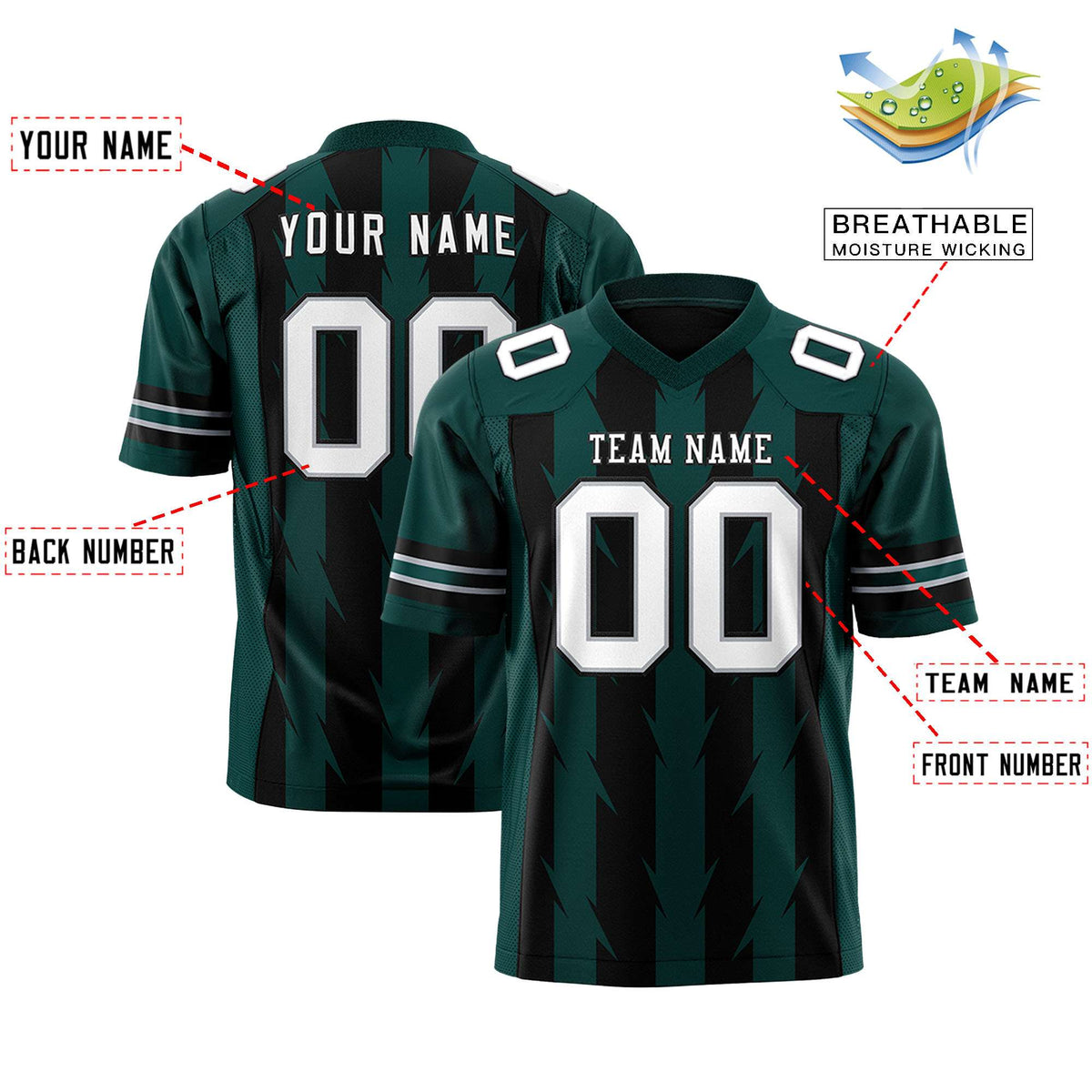 Custom Black Midnight Green Personalized Razr Stripe Graffiti Pattern Authentic American Football Jersey