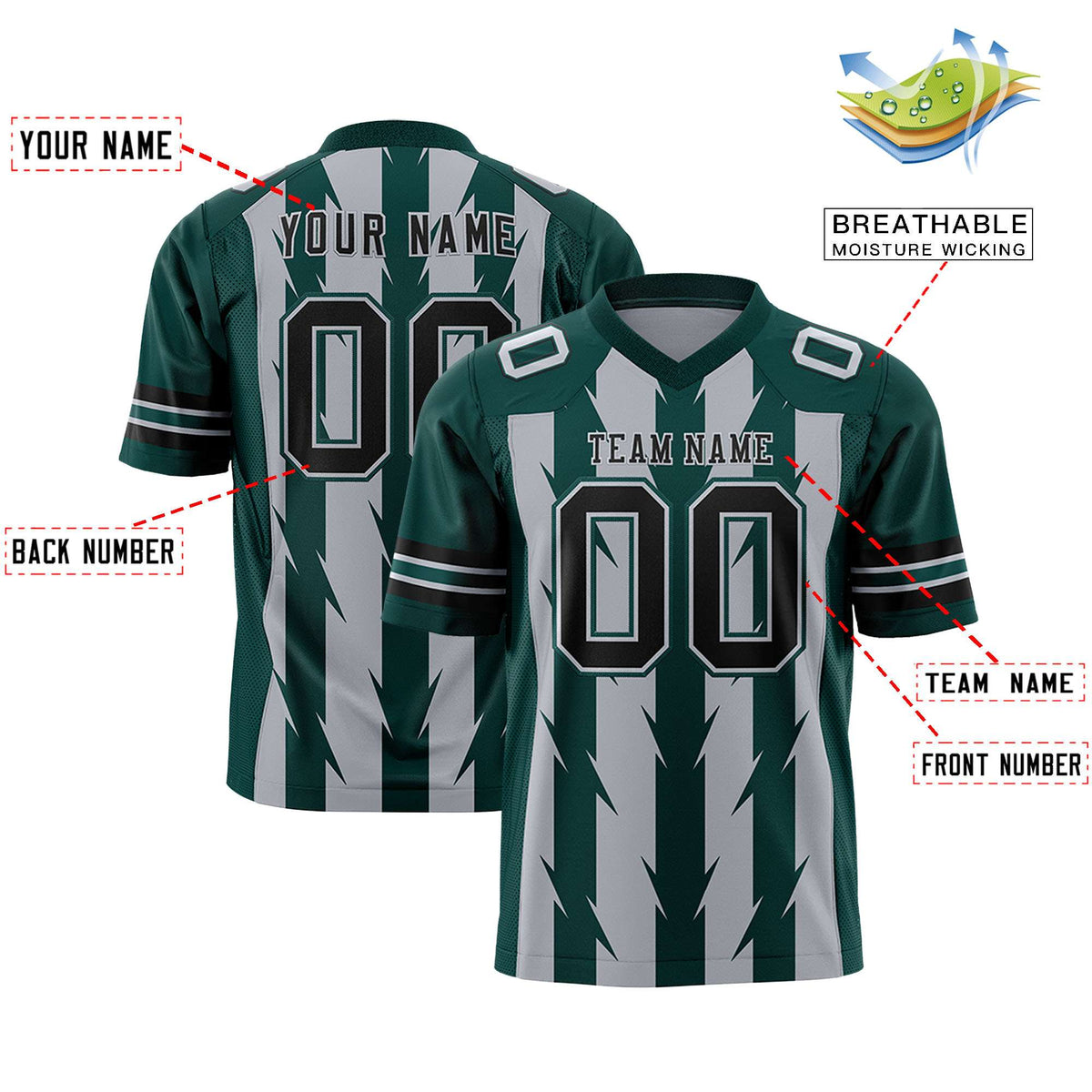 Custom Gray Midnight Green Personalized Razr Stripe Graffiti Pattern Authentic American Football Jersey