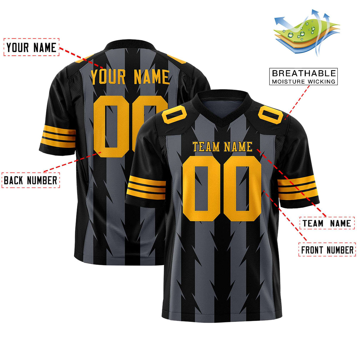 Custom Dark Gray Black Personalized Razr Stripe Graffiti Pattern Authentic American Football Jersey