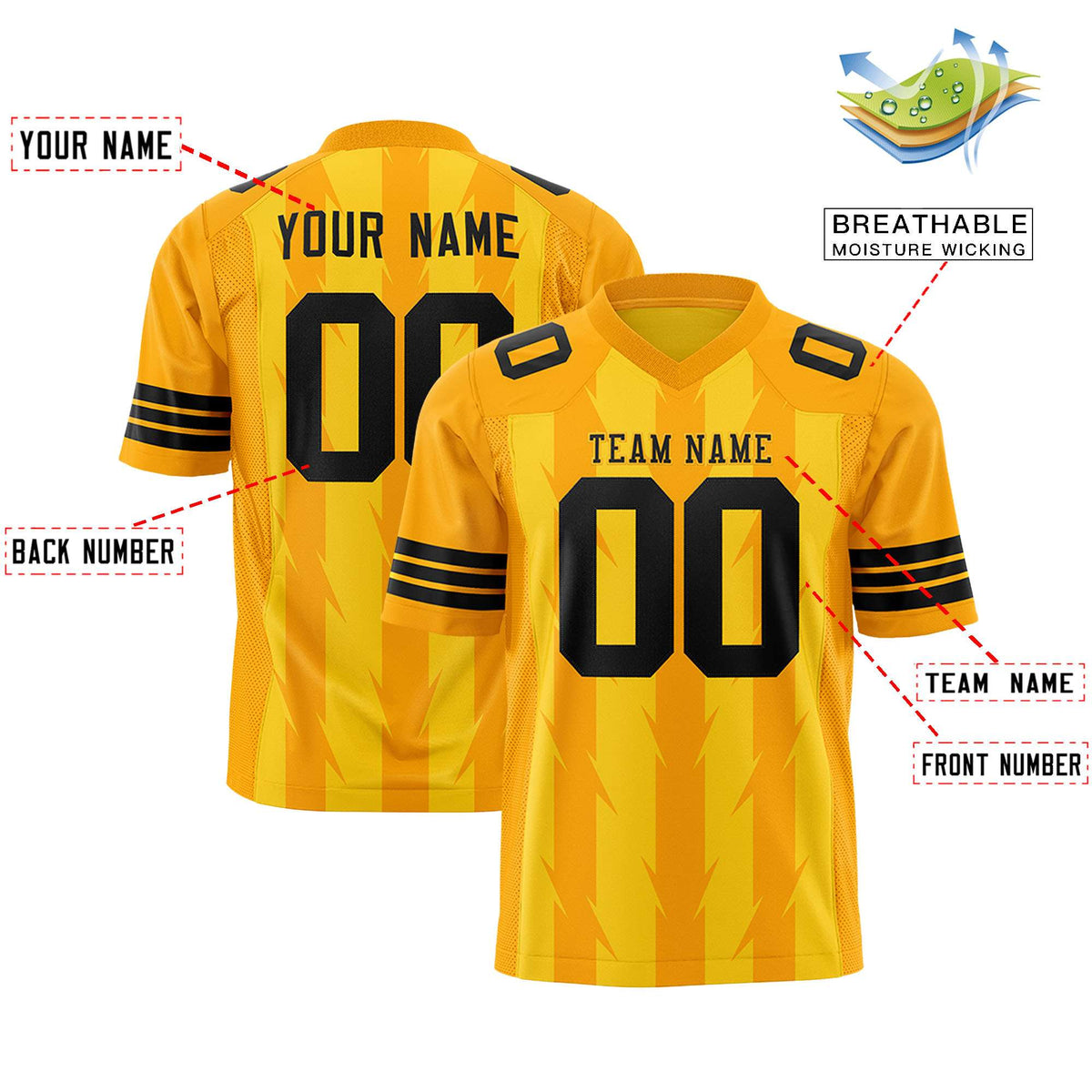 Custom Gold Yellow Personalized Razr Stripe Graffiti Pattern Authentic American Football Jersey