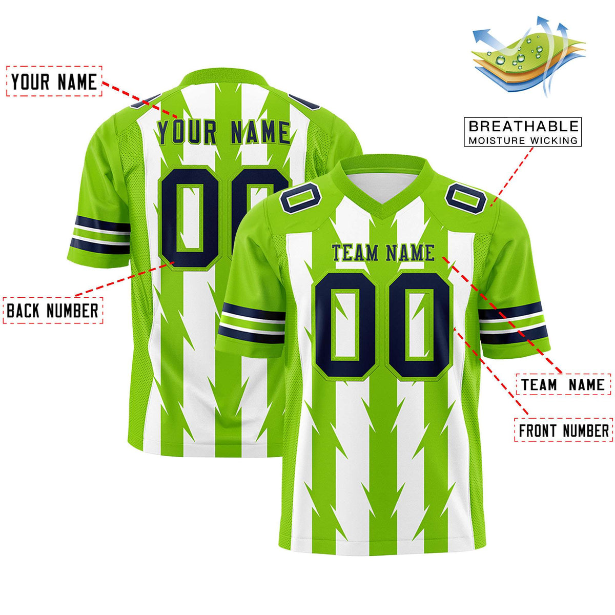 Custom White Neon Green Personalized Razr Stripe Graffiti Pattern Authentic American Football Jersey