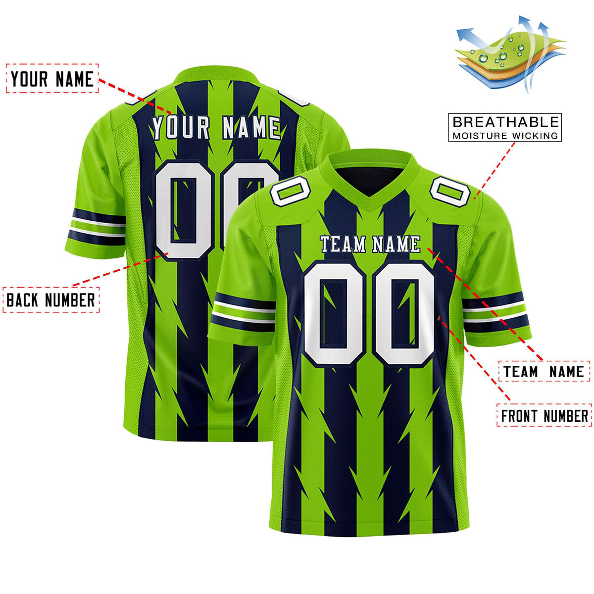 Custom Navy Neon Green Personalized Razr Stripe Graffiti Pattern Authentic American Football Jersey