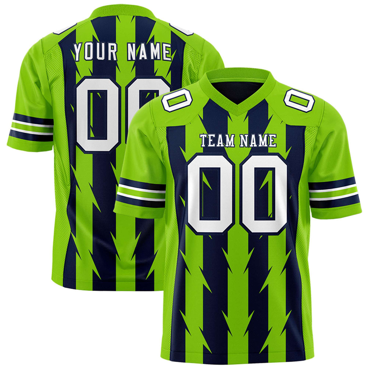 Custom Navy Neon Green Personalized Razr Stripe Graffiti Pattern Authentic American Football Jersey