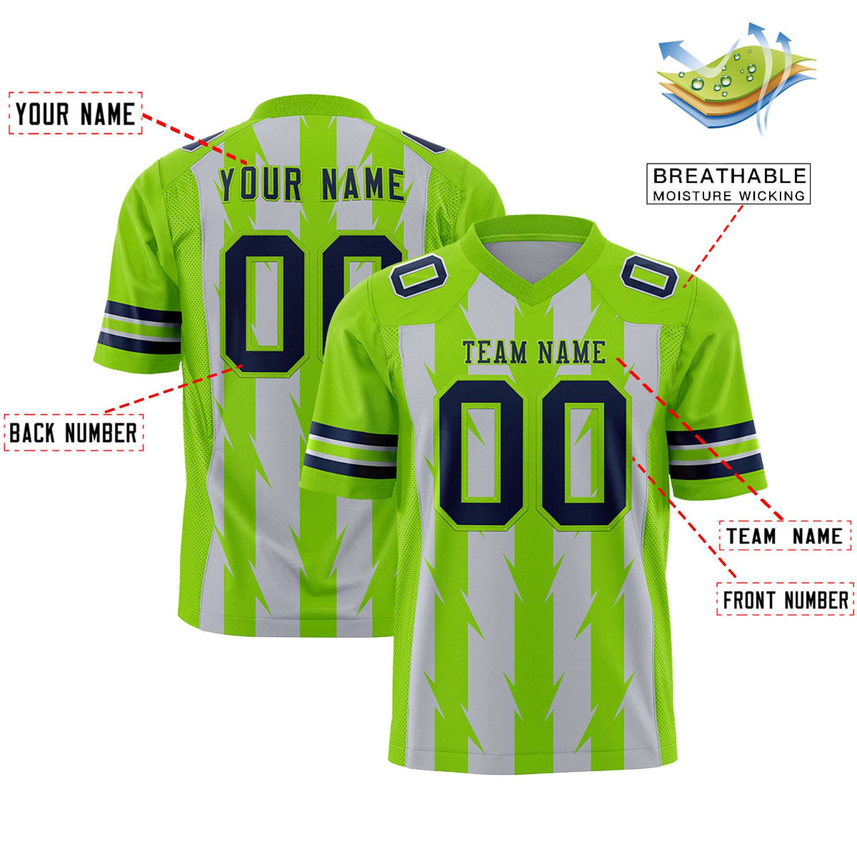 Custom Gray Neon Green Personalized Razr Stripe Graffiti Pattern Authentic American Football Jersey