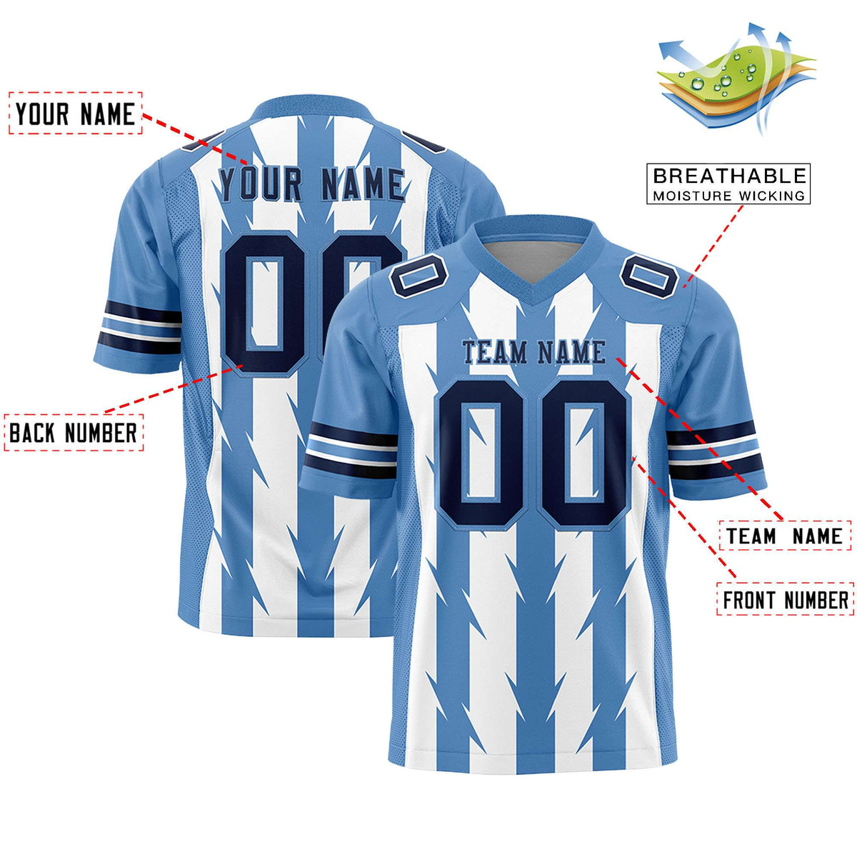 Custom White Light Blue Personalized Razr Stripe Graffiti Pattern Authentic American Football Jersey