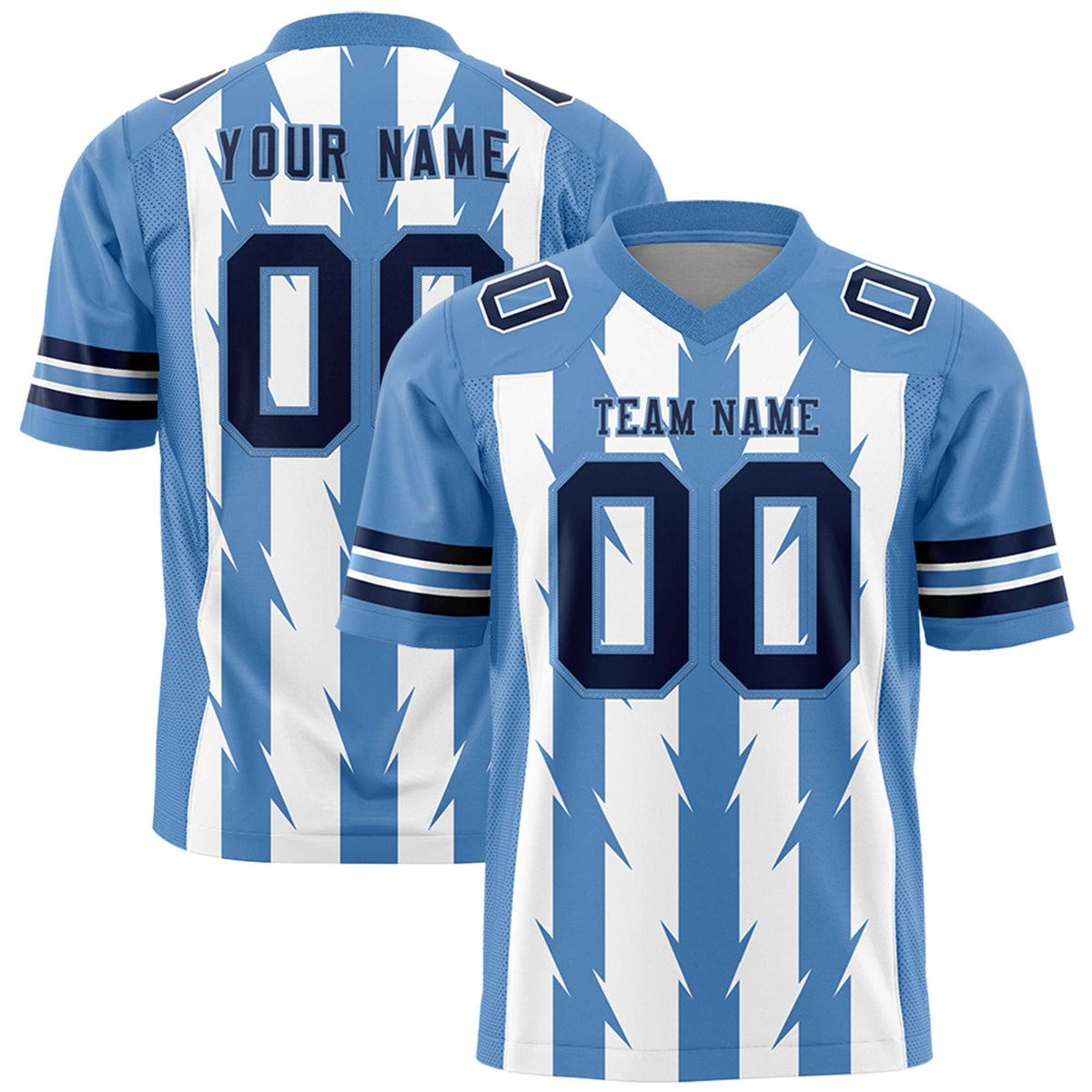 Custom White Light Blue Personalized Razr Stripe Graffiti Pattern Authentic American Football Jersey