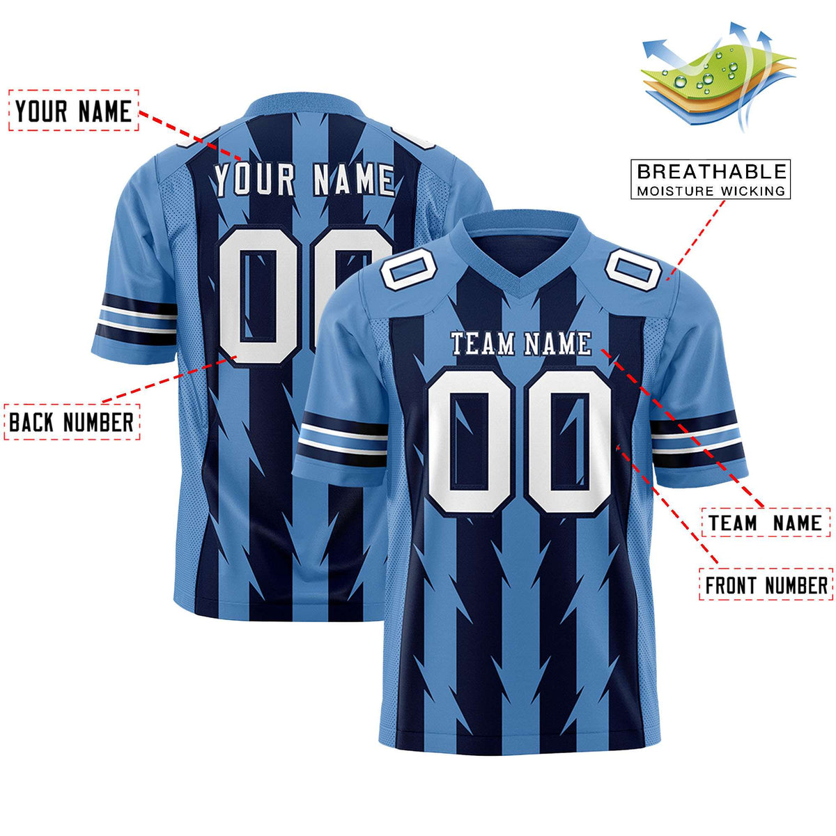 Custom Navy Light Blue Personalized Razr Stripe Graffiti Pattern Authentic American Football Jersey